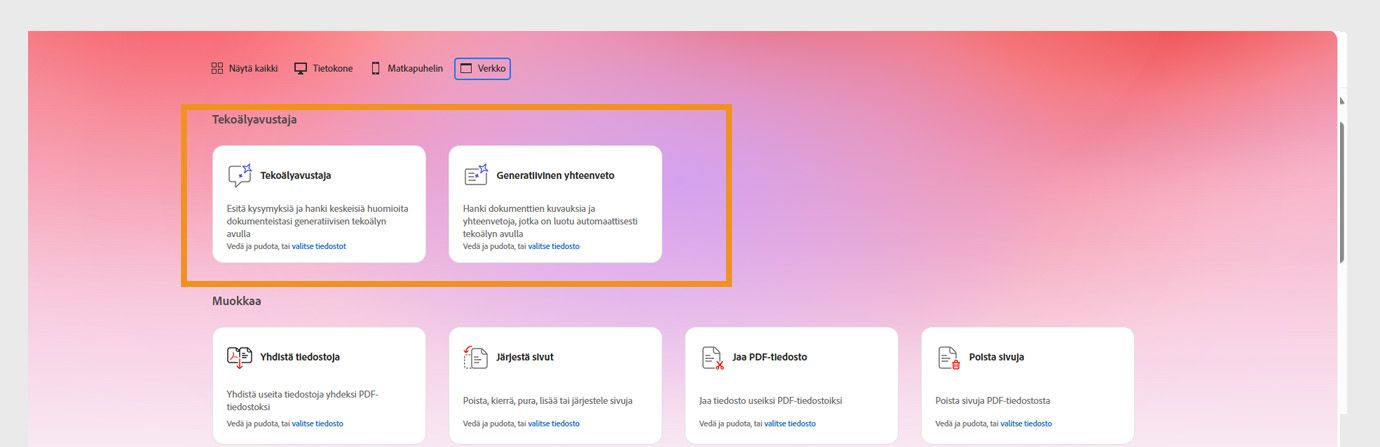 Acrobatin verkkoversion Kaikki työkalut -valikossa näkyvät seuraavat Tekoälyavustajan työkalut: Tekoälyavustaja, Generatiivinen yhteenveto ja Aseta ja saavuta tavoitteita.