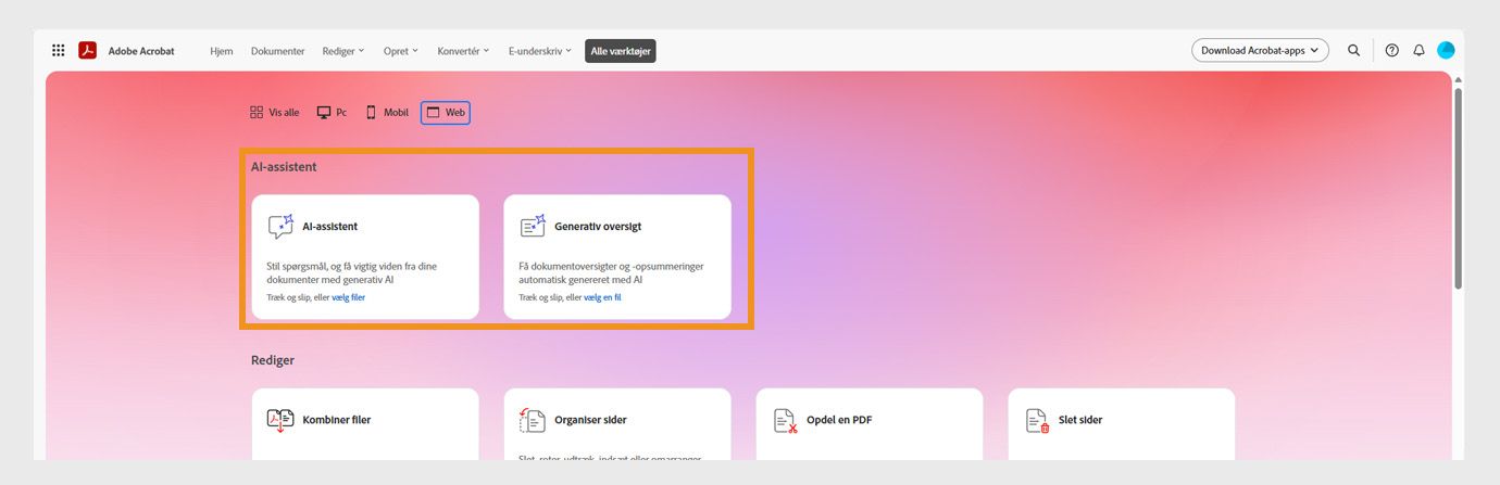 Menuen Alle værktøjer i Acrobat til internet viser følgende af AI-assistentens værktøjer: AI-assistent, Generativ oversigt og Sæt og opnå mål.