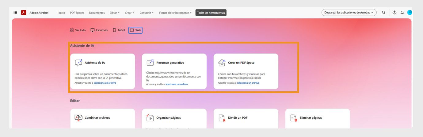 El menú Todas las herramientas en Acrobat web muestra las siguientes herramientas del Asistente de IA: Asistente de IA, Resumen generativo y Establecer y alcanzar objetivos.