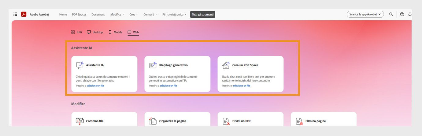 Il menu Tutti gli strumenti in Acrobat web mostra i seguenti strumenti dell’Assistente IA: Assistente IA, riepilogo generativo e Imposta e raggiungi obiettivi.