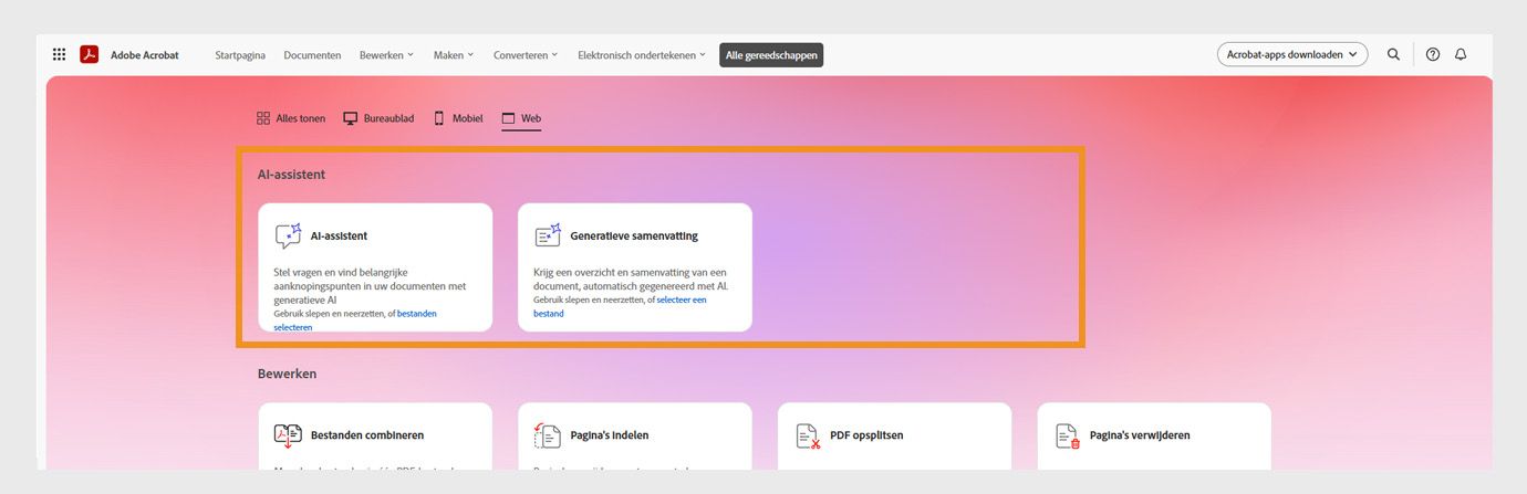 Het menu Alle tools in Acrobat op het web toont de volgende AI-assistent-tools: AI-assistent, Generatieve samenvatting en Doelen stellen en behalen.