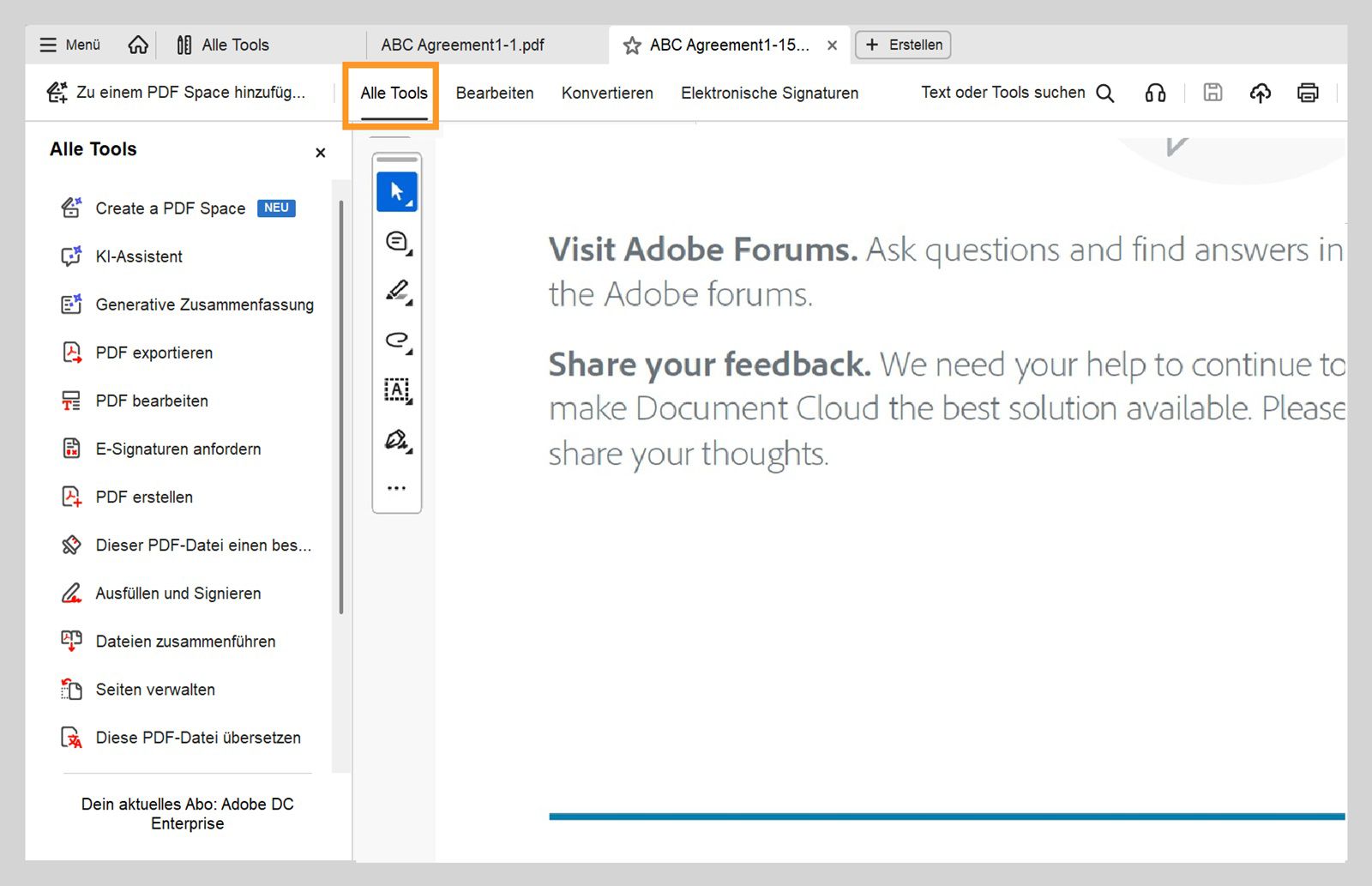 Das Menü „Alle Werkzeuge&quot; bietet Optionen wie KI-Assistent, generative Zusammenfassung, PDF exportieren, PDF bearbeiten, E-Signaturen anfordern, PDF anlegen und mehr.