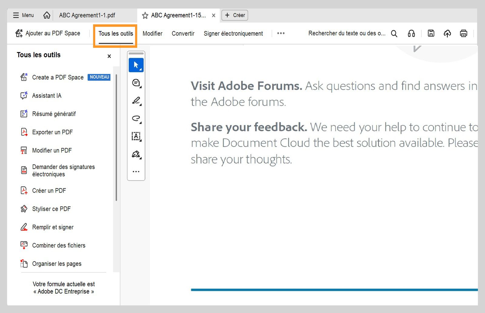 Le menu Tous les outils propose des options telles que Assistant IA, Résumé génératif, Exporter un PDF, Modifier un PDF, Demander des signatures électroniques, Créer un PDF, et plus encore.