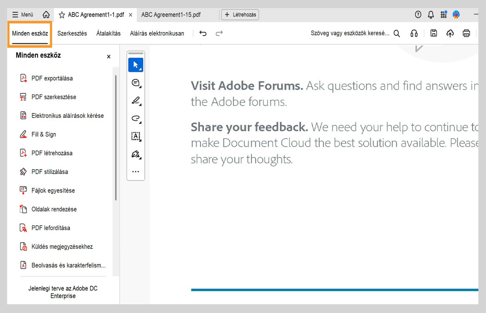 Az Összes eszköz menü olyan opciókat kínál, mint az MI asszisztens, a Generatív összefoglaló, a PDF exportálása, a PDF szerkesztése, az E-aláírások kérése, a PDF létrehozása és még sok más.