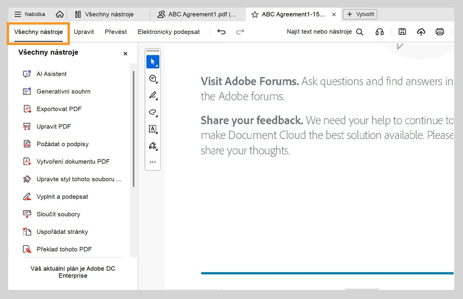 Nabídka Všechny nástroje poskytuje možnosti jako AI Asistent, generativní souhrn, Export pdf, Úprava pdf, Požádat o elektronické podpisy, Vytvořit pdf a další.