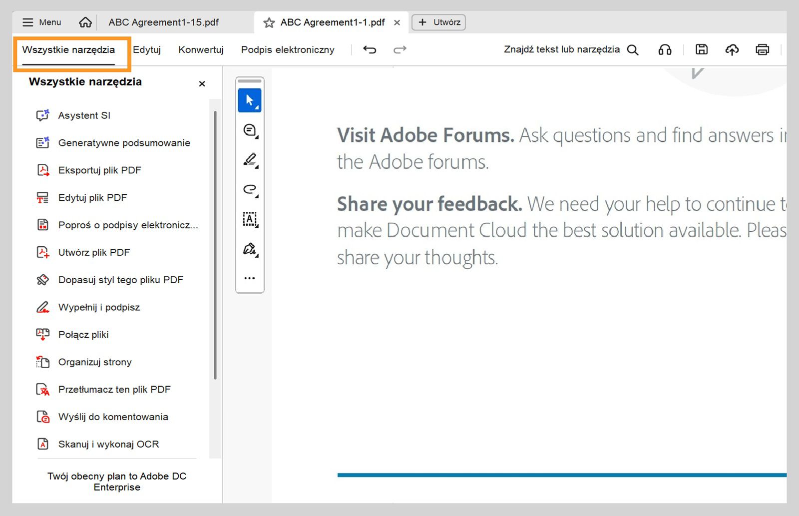Menu Wszystkie narzędzia obejmuje opcje takie jak Asystent SI, Podsumowanie generatywne, Eksportuj plik PDF, Edytuj plik PDF, Poproś o podpisy elektroniczne, Utwórz plik PDF i inne.