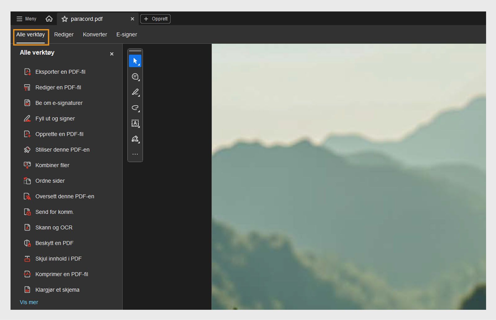 Menyen Alle verktøy gir alternativer som KI-assistent, generativt sammendrag, Eksporter en PDF, Rediger en PDF, Be om e-signaturer, Opprett en PDF og mer.