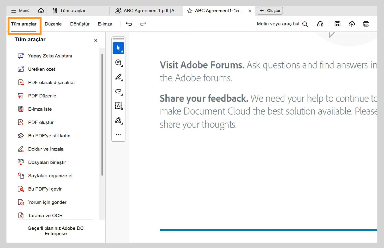 Tüm araçlar menüsü, Yapay Zeka Asistanı, üretken özet, PDF'yi Dışa Aktar, PDF'yi Düzenle, E-imza İste, PDF oluştur ve daha fazlası gibi seçenekler sunar.