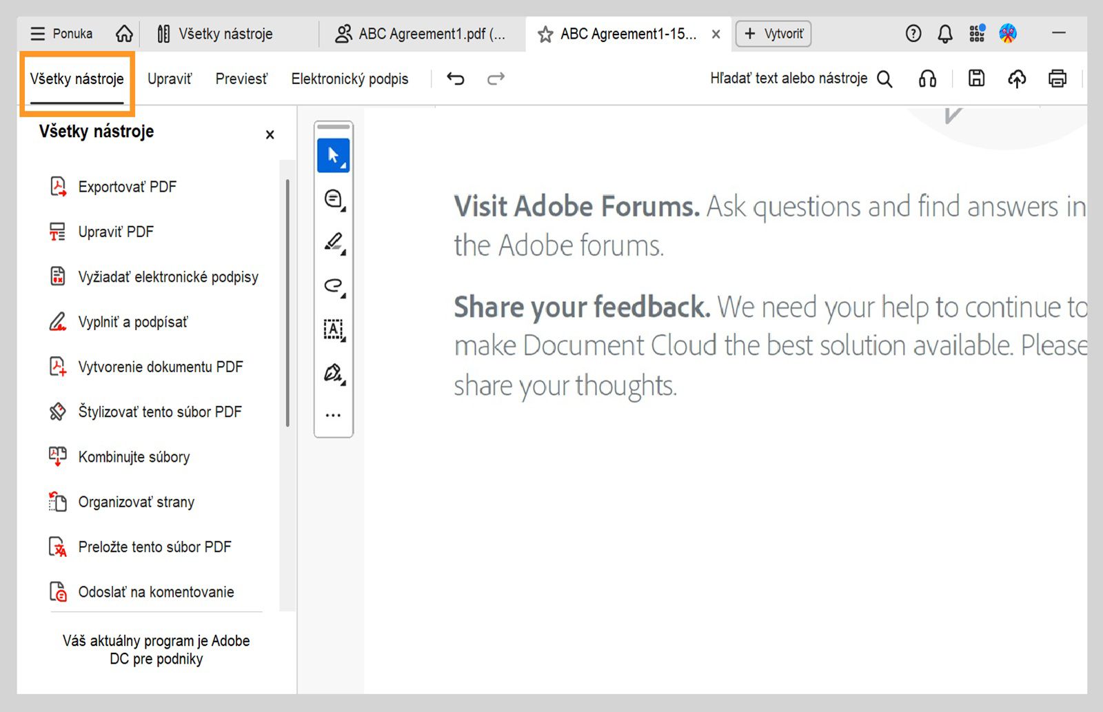 Menu Všetky nástroje poskytuje možnosti ako AI Assistant, generatívne zhrnutie, Export pdf, Úprava pdf, Vyžiadanie elektronických podpisov, Vytvorenie pdf a ďalšie.
