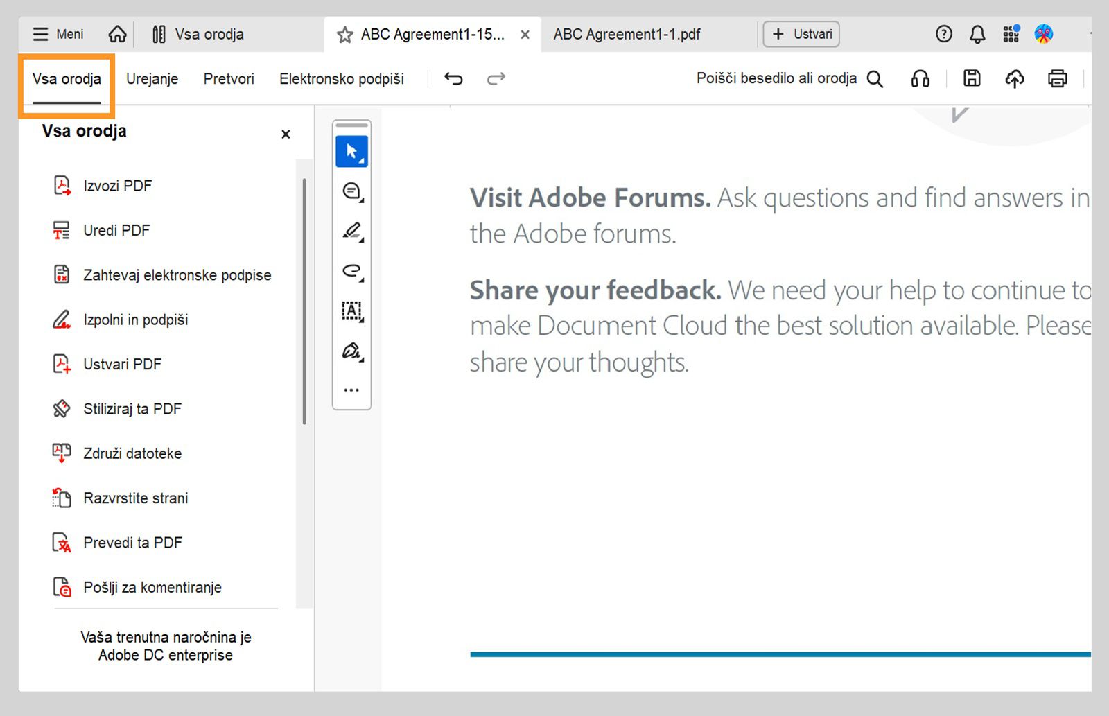 Meni Vsa orodja ponuja možnosti, kot so Pomočnik UI, Generativni povzetek, Izvoz PDF-ja, Urejanje PDF-ja, Zahteva za e-podpise, Ustvarjanje PDF-ja in še več.