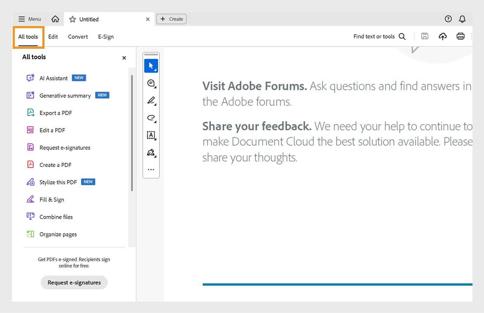 Ang All tools menu ay nagbibigay ng mga opsyon gaya ng AI Assistant, Generative summary, Export a PDF, Edit a PDF, Request e-signatures, Create a PDF, at iba pa.