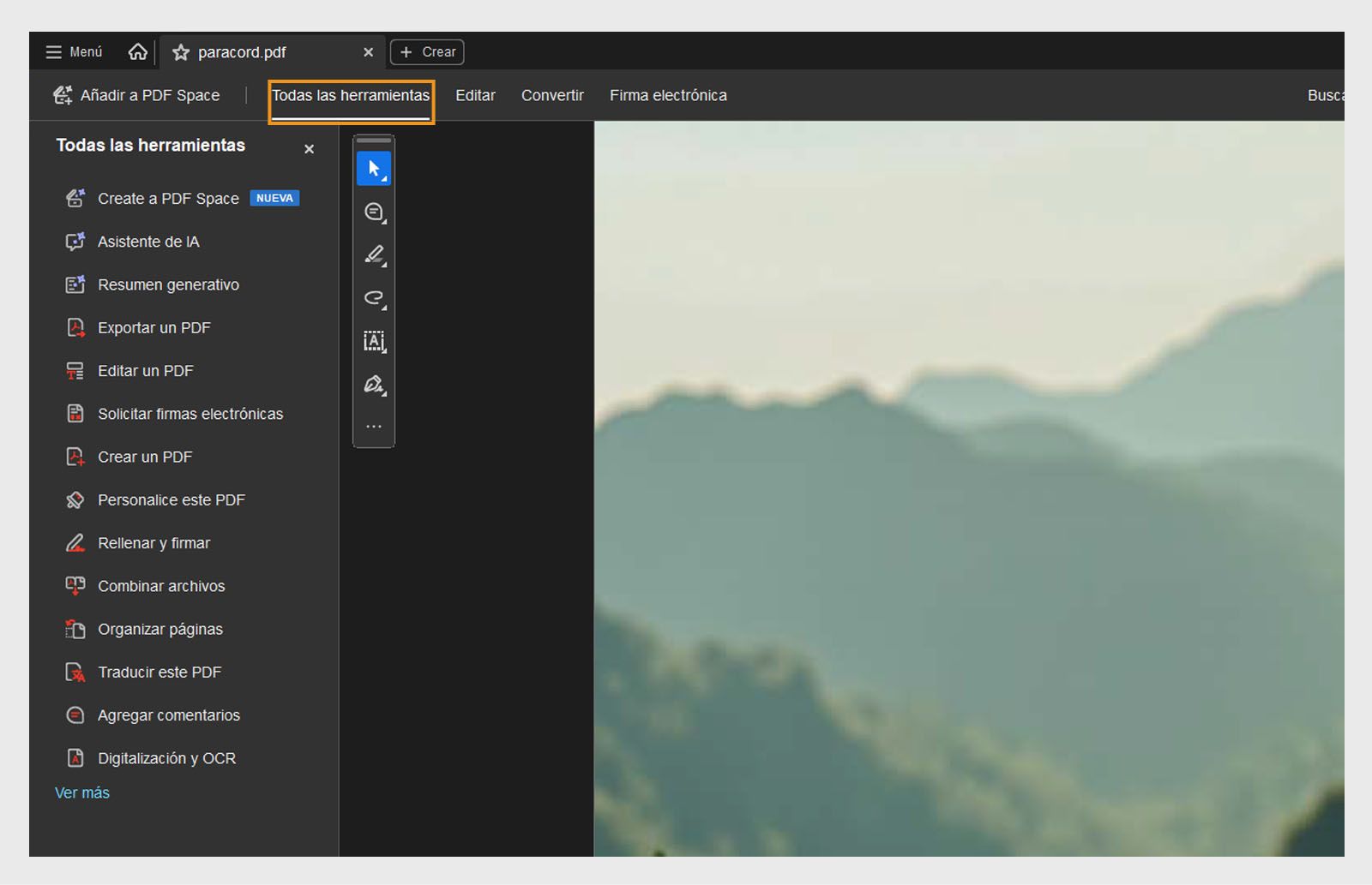 El menú Todas las herramientas proporciona opciones como Asistente de IA, Resumen generativo, Exportar un PDF, Editar un PDF, Solicitar firmas electrónicas, Crear un PDF y más.