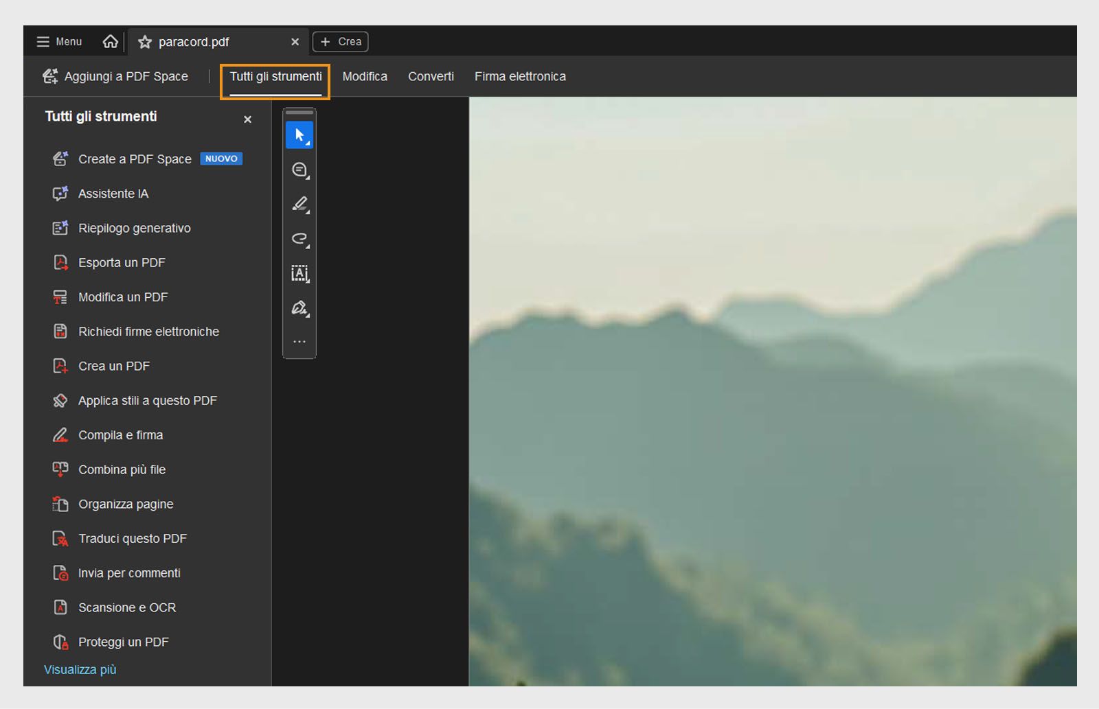 Il menu Tutti gli strumenti fornisce opzioni come Assistente IA, riepilogo generativo, Esporta un PDF, Modifica un PDF, Richiedi firme elettroniche, Crea un PDF e altro ancora.