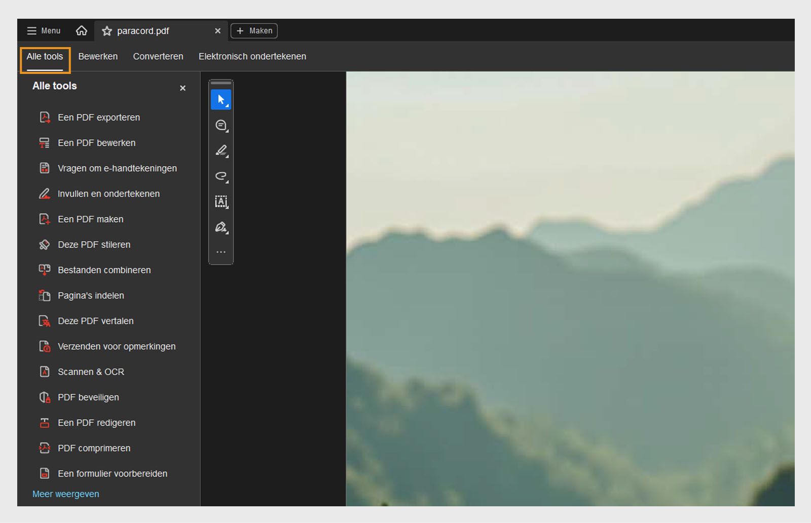 Het menu Alle tools biedt opties zoals AI-assistent, Generatief overzicht, PDF exporteren, PDF bewerken, Elektronische handtekeningen aanvragen, PDF maken en meer.