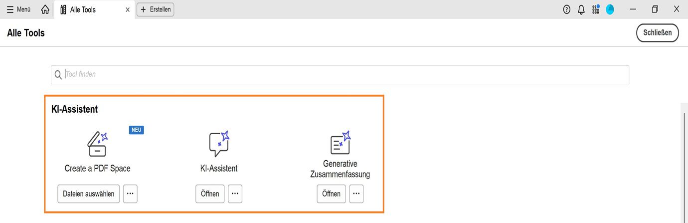 Das Fenster „Alle Werkzeuge&quot; zeigt folgende Werkzeuge unter KI-Assistent an: „KI-Assistent“ und „Generative Zusammenfassung“.