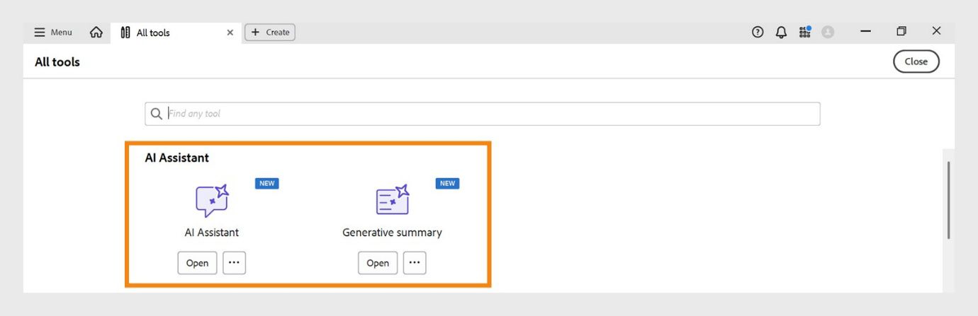 Ipinapakita ng window ng Lahat ng tool ang mga sumusunod na tool sa ilalim ng AI Assistant: AI Assistant at Generative na buod.