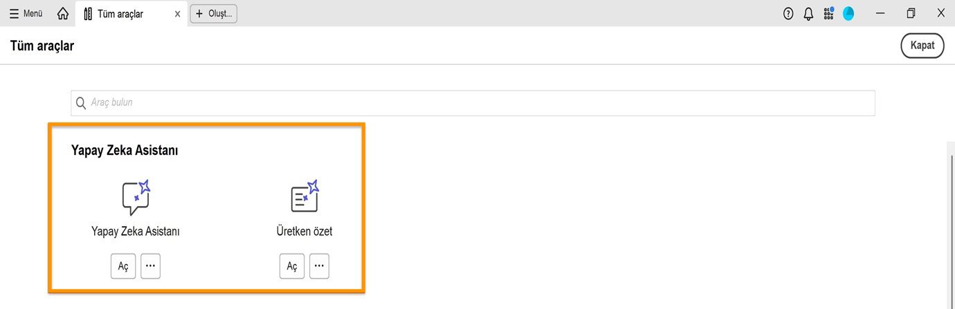 Tüm araçlar penceresi, Yapay Zeka Asistanı altında şu araçları gösterir: Yapay Zeka Asistanı ve Üretken özet.