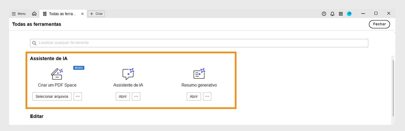 A janela Todas as ferramentas exibe as seguintes ferramentas em Assistente de IA: Assistente de IA e Resumo generativo.