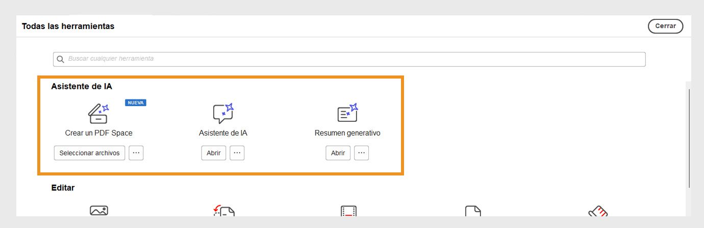 La ventana Todas las herramientas muestra las siguientes herramientas bajo Asistente de IA: Asistente de IA y Resumen generativo.