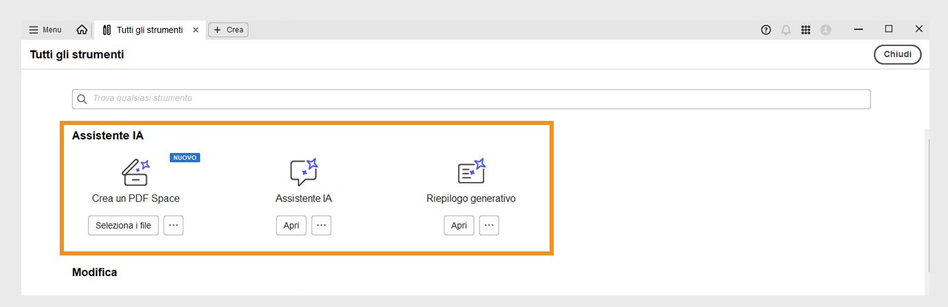La finestra Tutti gli strumenti mostra i seguenti strumenti in Assistente IA: Assistente IA e riepilogo generativo.