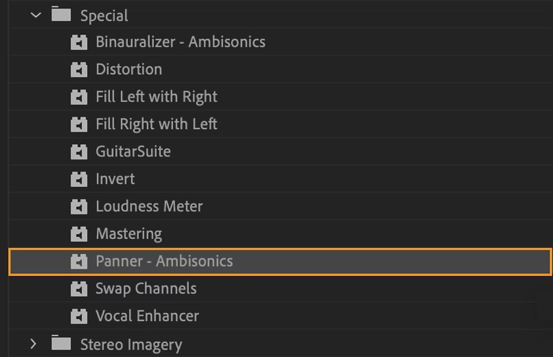 Se selecciona el efecto Panoramizador - Ambisonics para que se pueda aplicar al clip de audio y reorientar la esfera de audio.