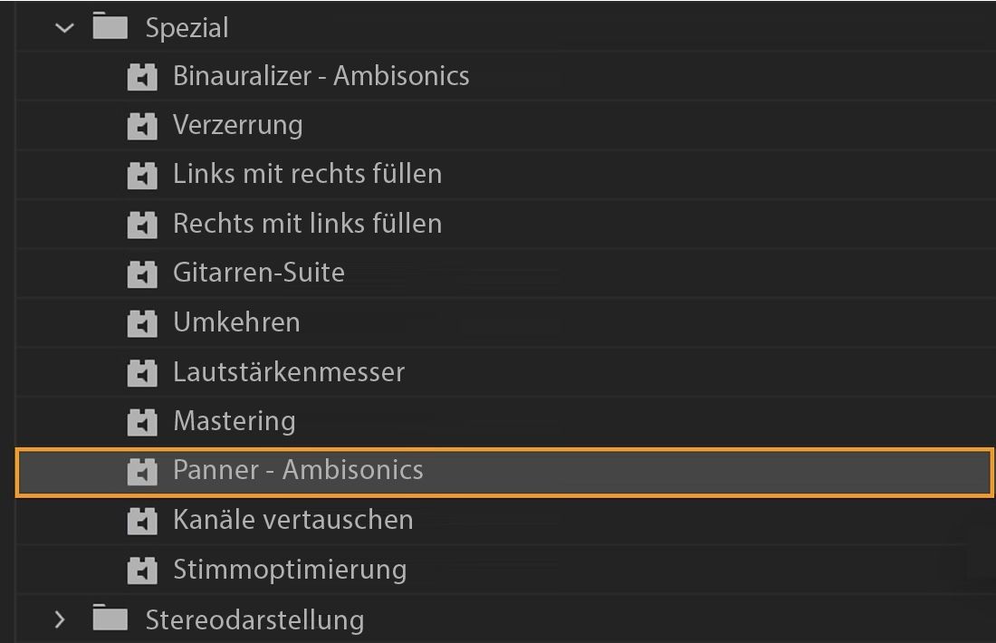 Der Effekt „Balance – Ambisonics“ wird ausgewählt, damit er auf den Audio-Clip angewendet werden kann, um die Audiokugel neu auszurichten.