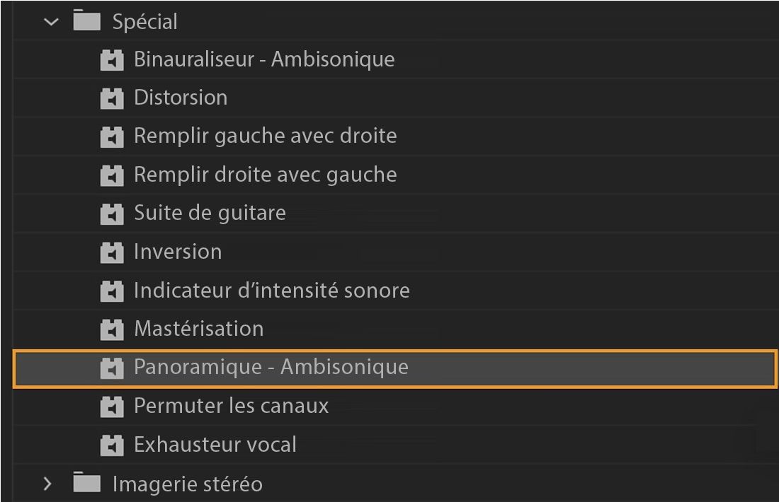 L'effet Panoramique - Ambisonics est sélectionné pour être appliqué au clip audio et réorienter la sphère audio.