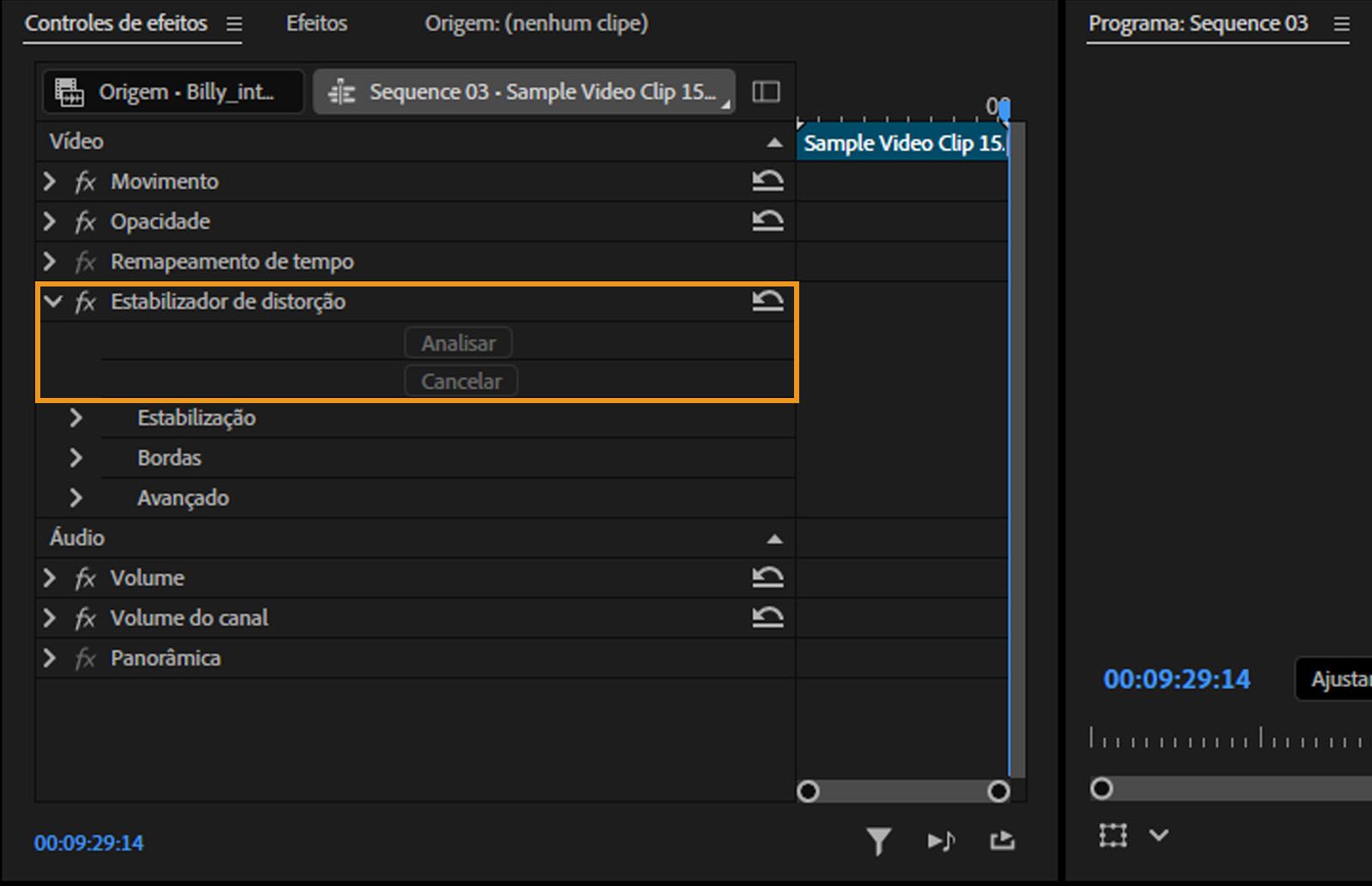 As opções Analisar e Cancelar estão destacadas no Estabilizador de distorção no painel Controles de efeito.