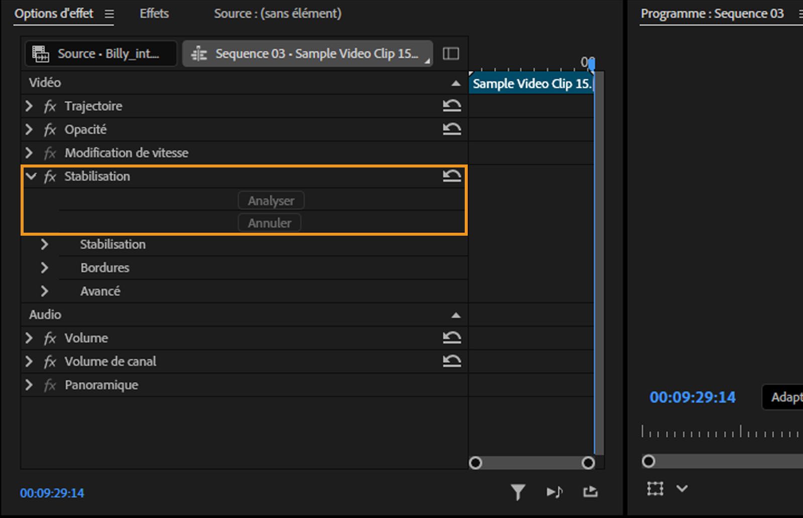 Les options Analyser et Annuler sont mises en évidence sous Stabilisateur de déformation dans le panneau Commandes d'effet.
