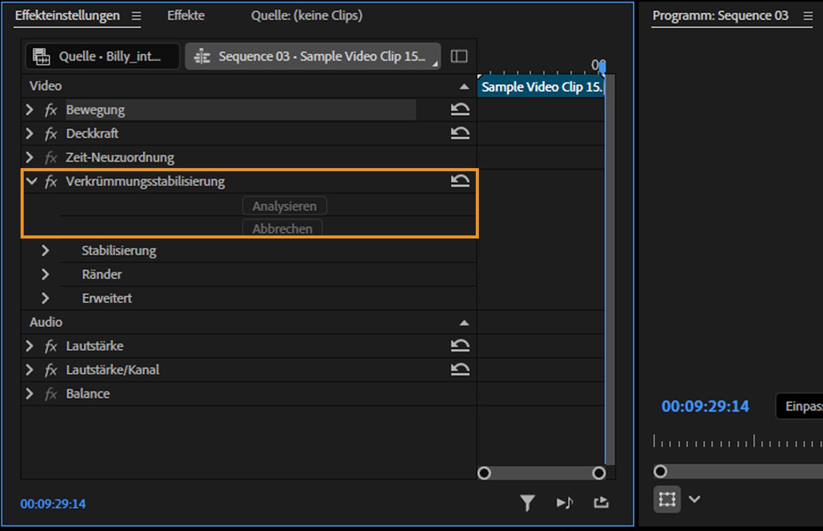 Die Optionen „Analysieren“ und „Abbrechen“ sind im Bedienfeld „Effekteinstellungen“ unter „Verkrümmungsstabilisierung“ hervorgehoben.