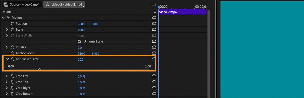 Il Filtro anti-sfarfallio viene applicato nel pannello Effect Controls.Regola l'intensità del filtro spostando il cursore: aumentala se lo sfarfallio persiste o diminuiscila se l'immagine diventa troppo morbida.