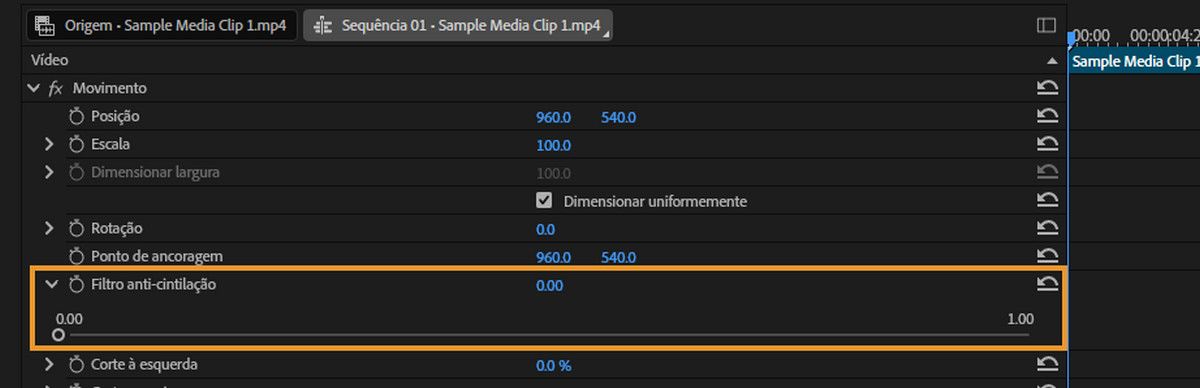 O Filtro anticintilação é aplicado no painel Controles de efeito.Ajuste a intensidade do Filtro movendo o controle deslizante — aumente-a se a cintilação persistir ou diminua-a se a imagem ficar muito suave.