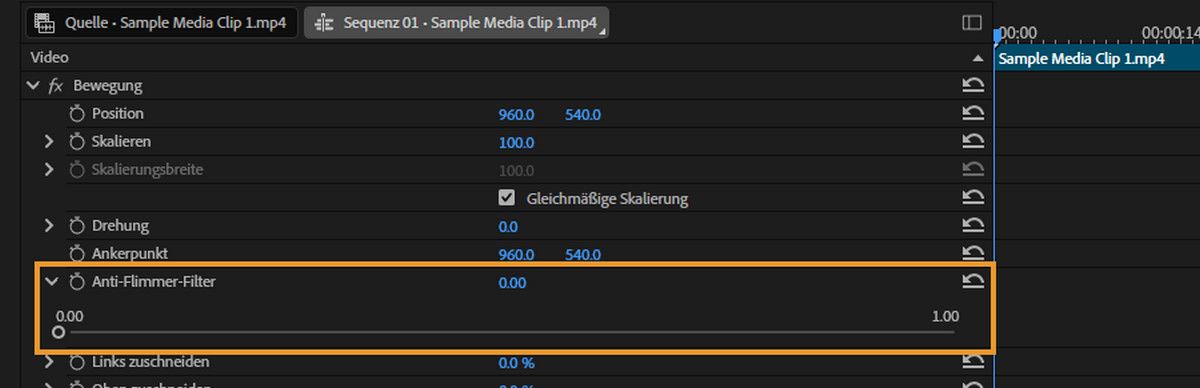 Der Anti-Flimmer-Filter wird im Bedienfeld „Effekteinstellungen“ angewendet.Passe die Filterstärke an, indem du den Regler bewegst. Erhöhe sie, wenn das Flimmern anhält, und verringere sie, wenn das Bild zu weich wird.