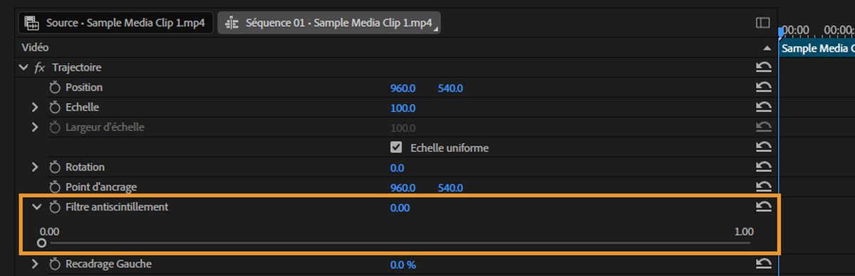 Le Filtre anti-scintillement est appliqué dans le panneau Options d’effet.Ajustez l’intensité du filtre en déplaçant le curseur : augmentez-la si le scintillement persiste, ou diminuez-la si l’image devient trop floue.