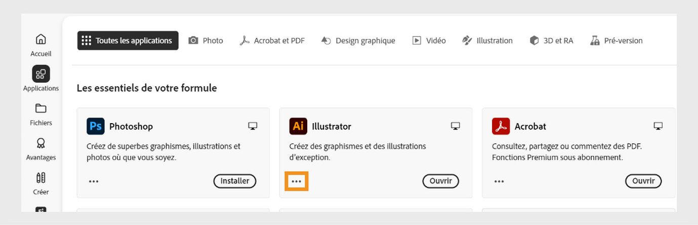L'icône Plus d'actions disponible dans le coin inférieur gauche de la tuile de l'application offre la possibilité de télécharger des versions antérieures de l'application.