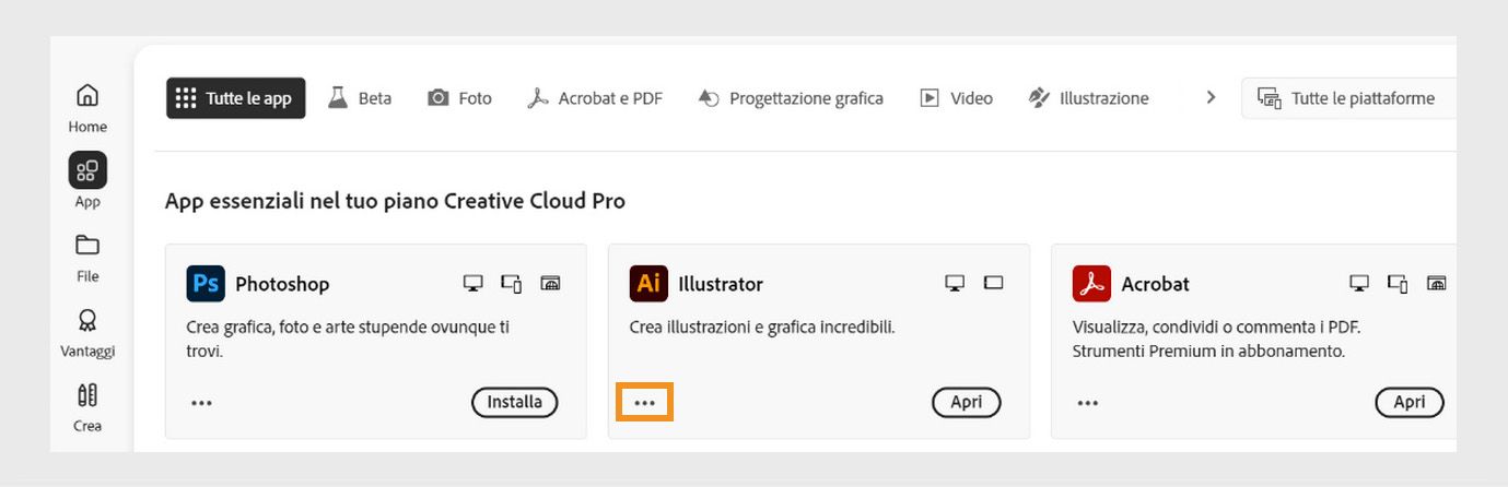 L'icona Altre azioni disponibile nell'angolo in basso a sinistra del riquadro dell'applicazione offre l'opzione per scaricare le versioni precedenti dell'applicazione.
