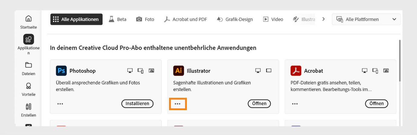 Das Symbol für weitere Aktionen in der unteren linken Ecke der Anwendungskachel bietet die Möglichkeit, ältere Versionen der Anwendung herunterzuladen. 