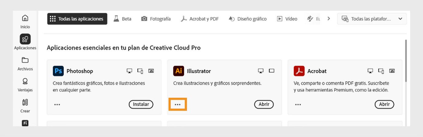 El icono Más acciones disponible en la esquina inferior izquierda del mosaico de la aplicación proporciona la opción de descargar versiones anteriores de la aplicación.