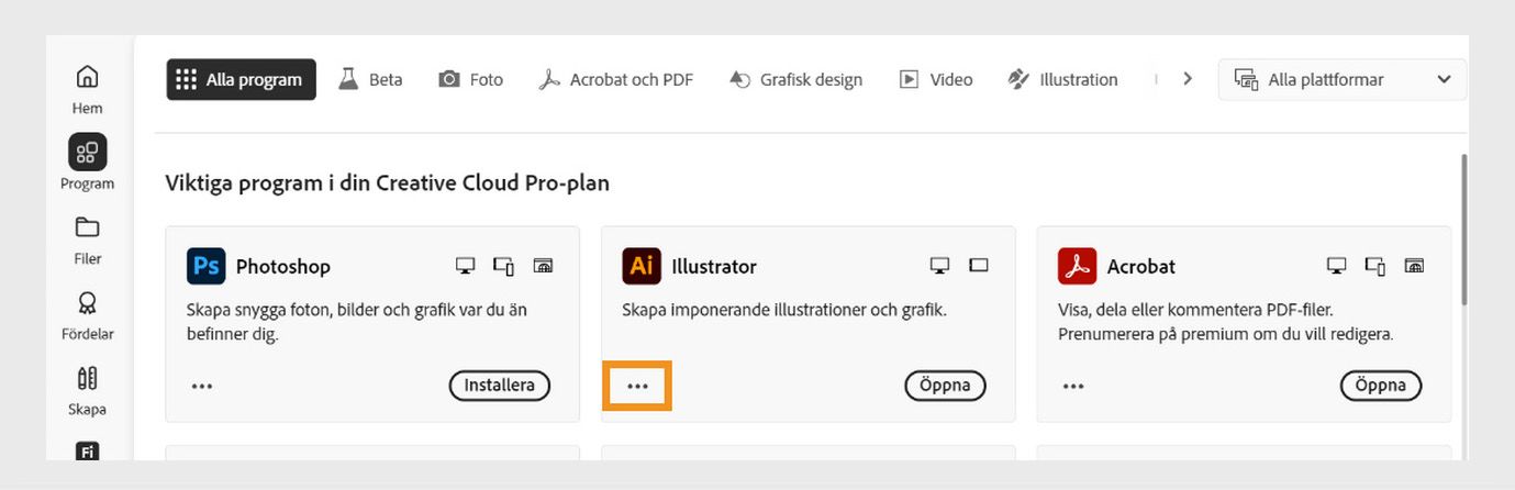 Ikonen för Fler åtgärder som finns i det nedre vänstra hörnet av programrutan ger möjlighet att hämta äldre versioner av programmet. 