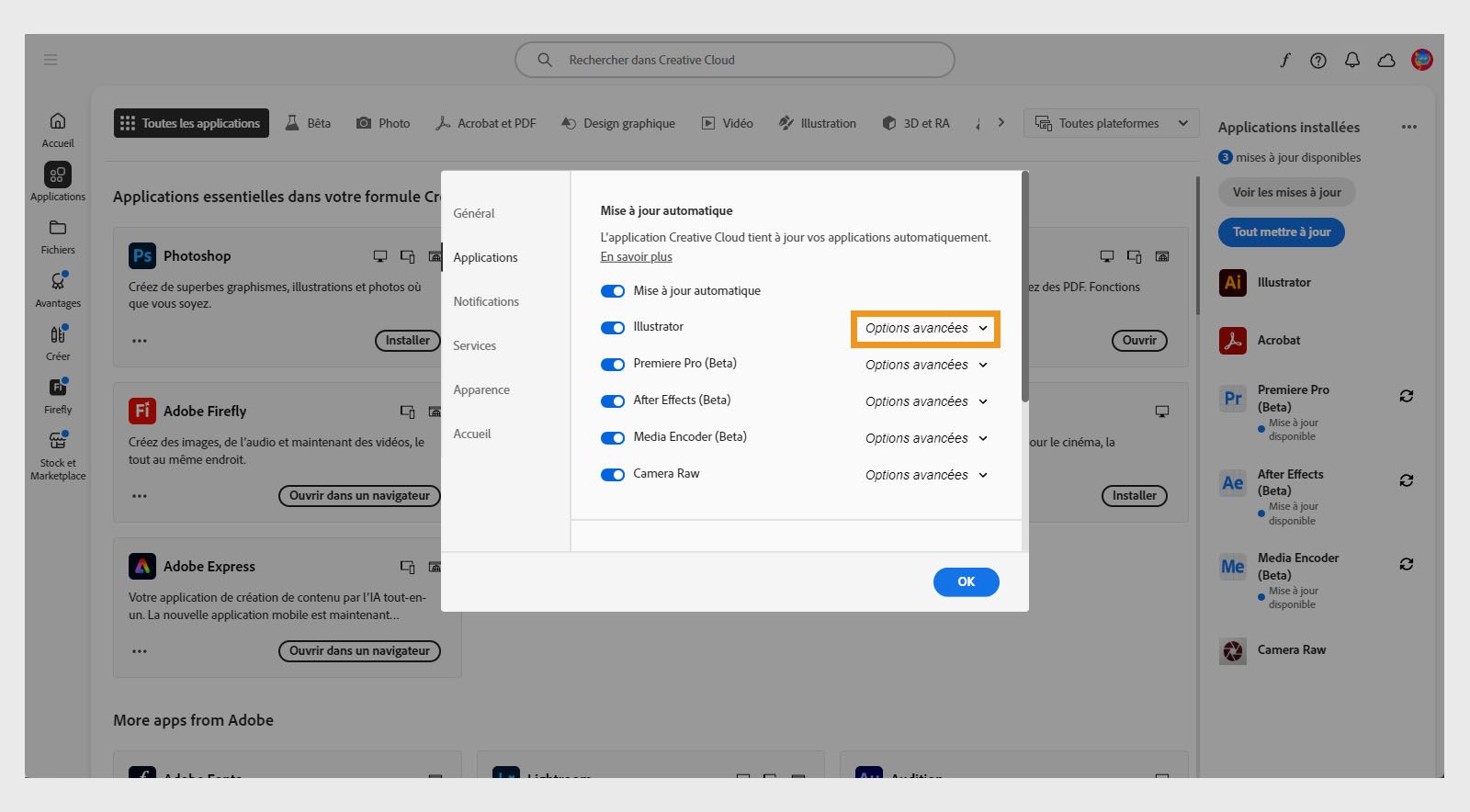 L'onglet Applications dans la fenêtre Préférences affiche les sections de mise à jour automatique avec des options pour activer ou désactiver les mises à jour automatiques pour toutes les applications et les applications individuelles, et afficher les options avancées.