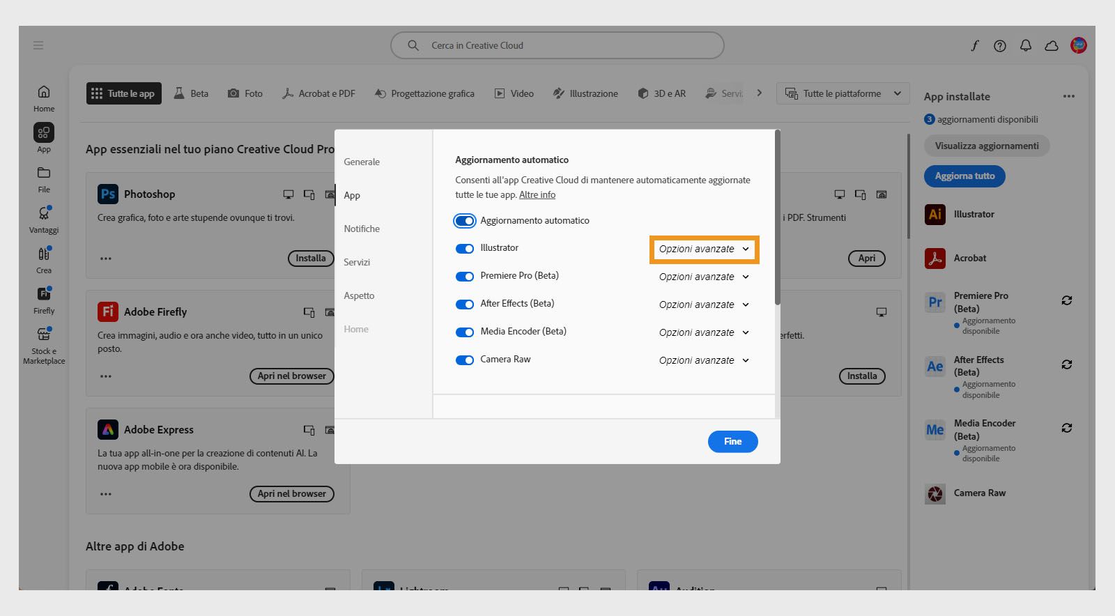 La scheda Applicazioni nella finestra Preferenze mostra le sezioni di Aggiornamento automatico con le opzioni per attivare o disattivare gli aggiornamenti automatici per tutte le app e le singole applicazioni, e visualizzare le opzioni avanzate.