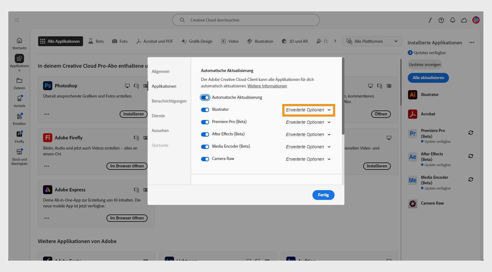 Der Reiter „Anwendungen&quot; im Fenster „Einstellungen&quot; zeigt die Bereiche für automatische Aktualisierungen mit options zum Ein- und Ausschalten der automatischen Aktualisierungen für alle Anwendungen und einzelne Anwendungen sowie zum Anzeigen erweiterter Optionen.