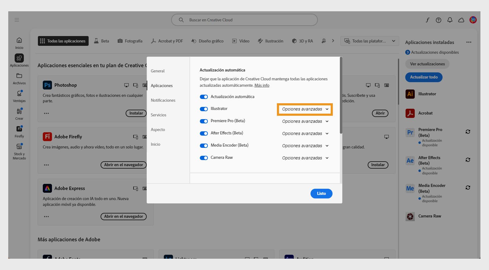 La pestaña Aplicaciones en la ventana Preferencias muestra las secciones de Actualización automática con opciones para activar o desactivar las actualizaciones automáticas para todas las aplicaciones y aplicaciones individuales, y mostrar opciones avanzadas.