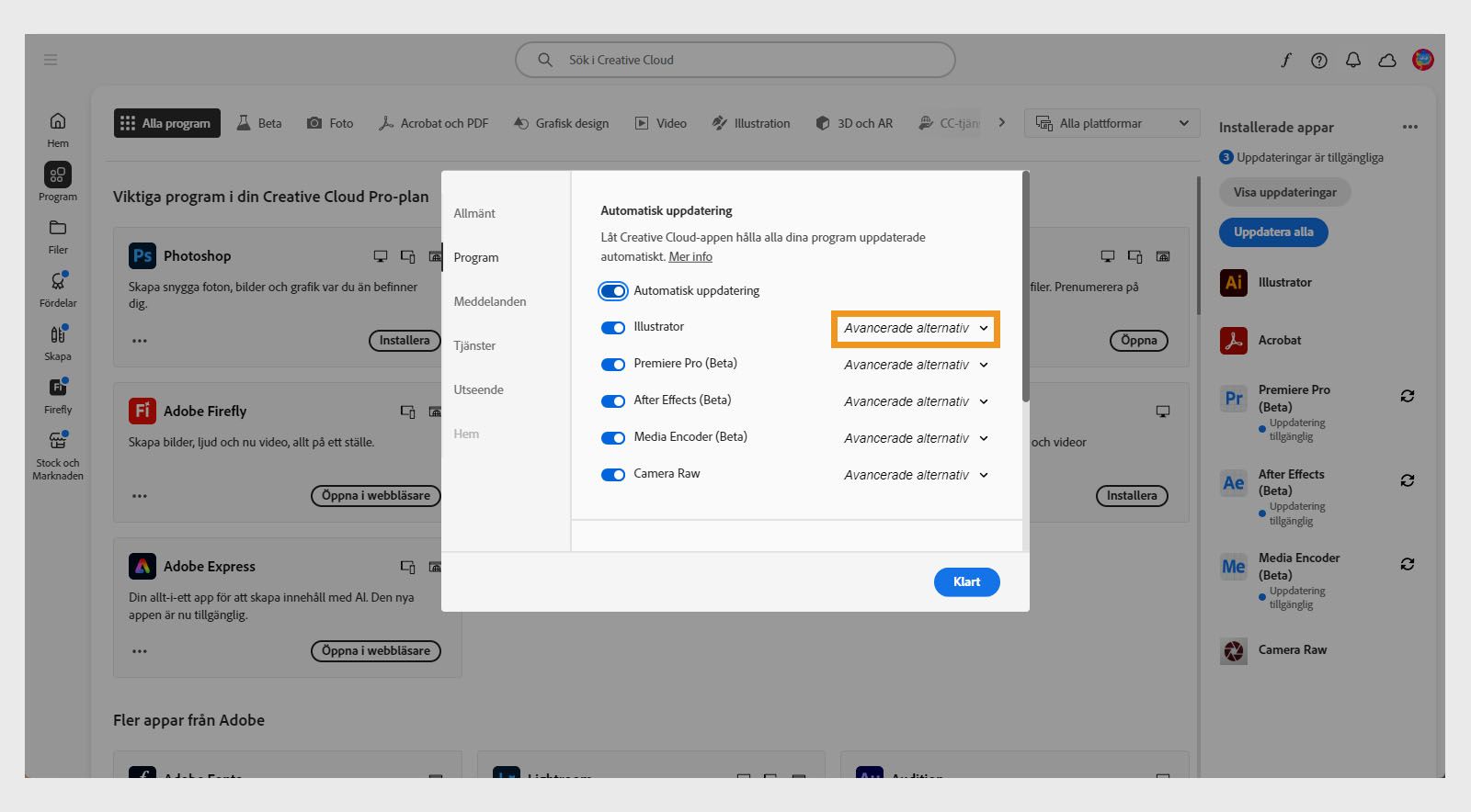 Fliken Appar i fönstret Inställningar visar avsnitten för automatisk uppdatering med alternativ för att aktivera eller inaktivera automatiska uppdateringar för alla appar och enskilda appar, samt visa avancerade alternativ.