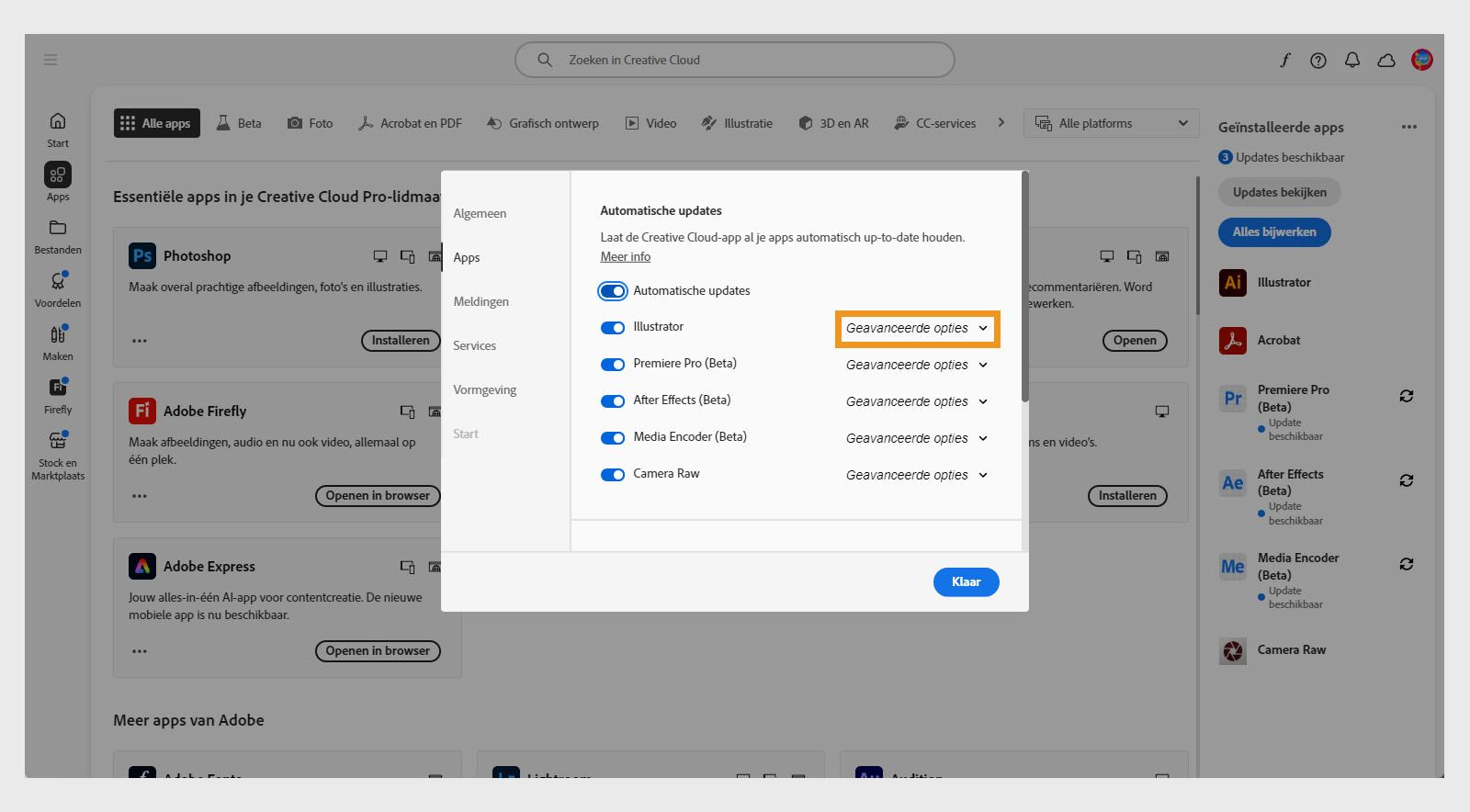 Het tabblad Apps in het venster Voorkeuren toont de secties voor automatisch bijwerken met opties om automatische updates in of uit te schakelen voor alle apps en individuele apps, en geavanceerde opties weer te geven.