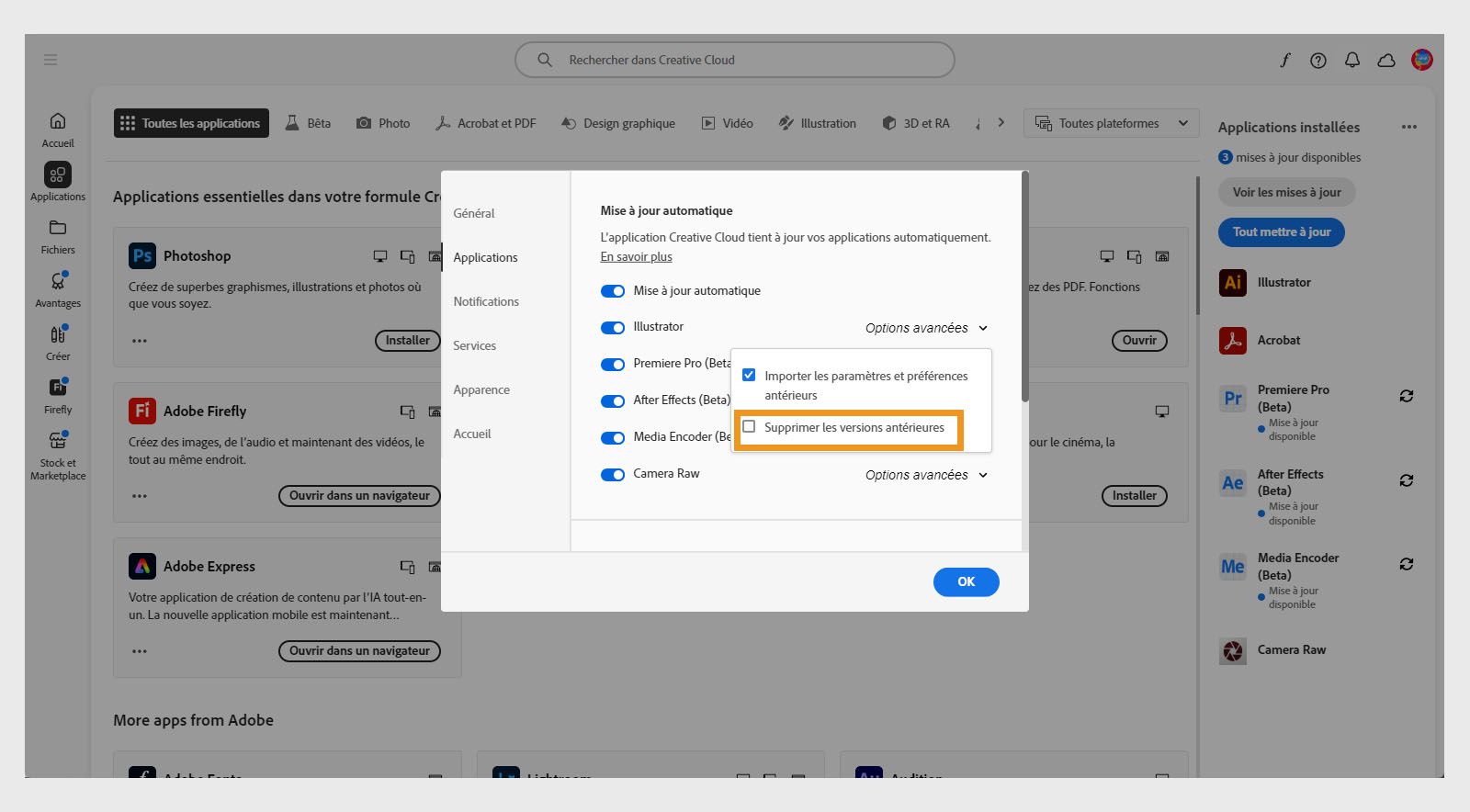 Les options avancées pour chaque application dans l'onglet Applis offrent la possibilité de supprimer les versions antérieures de vos applications ou de les conserver.