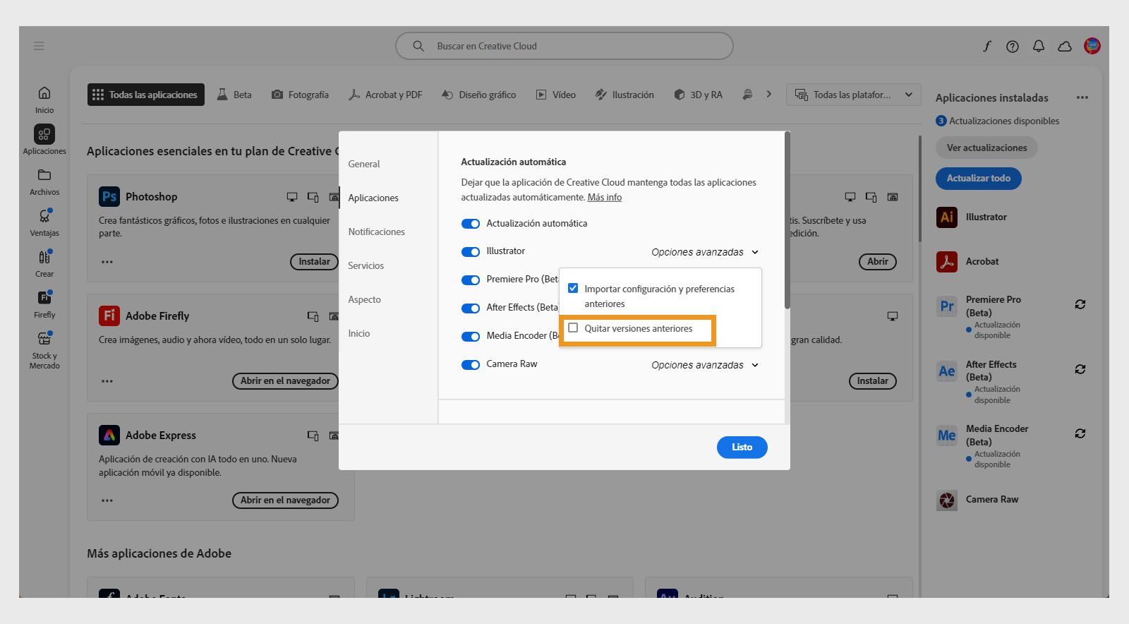 Las Opciones avanzadas de cada aplicación en la pestaña Aplicaciones ofrecen la opción de eliminar versiones anteriores de sus aplicaciones o conservarlas.