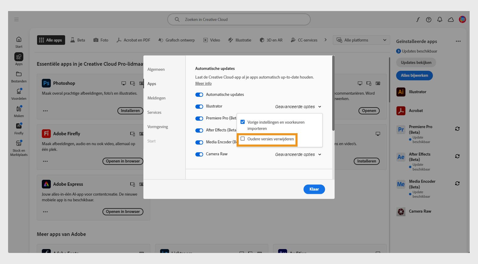 De Geavanceerde opties voor elke app in het tabblad Apps bieden de mogelijkheid om eerdere versies van uw apps te verwijderen of te behouden. 