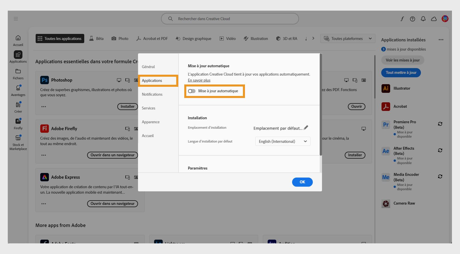 L'onglet Applis dans la fenêtre Préférences offre la possibilité d'activer la mise à jour automatique pour toutes les applis.Une fois activée, vous pouvez l'activer ou la désactiver pour chaque appli individuellement.