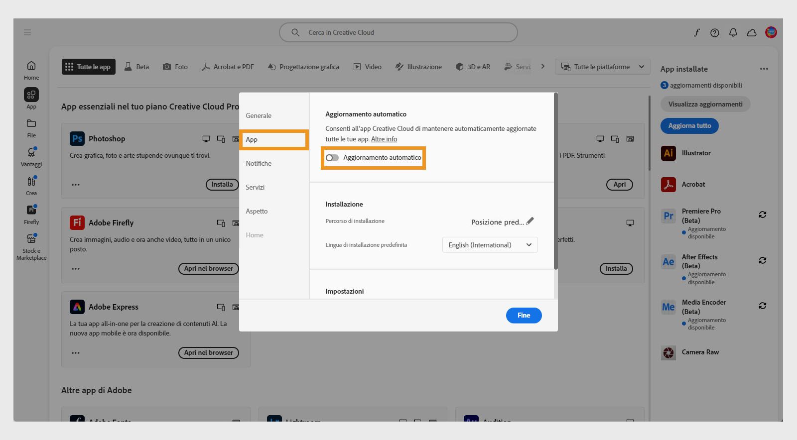 La scheda Applicazioni nella finestra Preferenze fornisce l'opzione di attivare l'aggiornamento automatico per tutte le applicazioni. Una volta attivato, è possibile attivarlo o disattivarlo per le singole applicazioni.